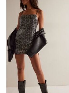 Free People Silver Sequin Mini Dress with Spaghetti Straps